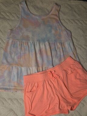 Pastel Tie-Dye Tiered Tank and Coral Lounge Shorts Set